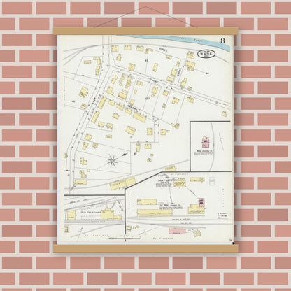 Old map wall art mockup — magnetic wood frame on brick wall — Sanborn Fire Insurance Map from Ware, Hampshire County, Massachusetts (1896), Sheet #0008