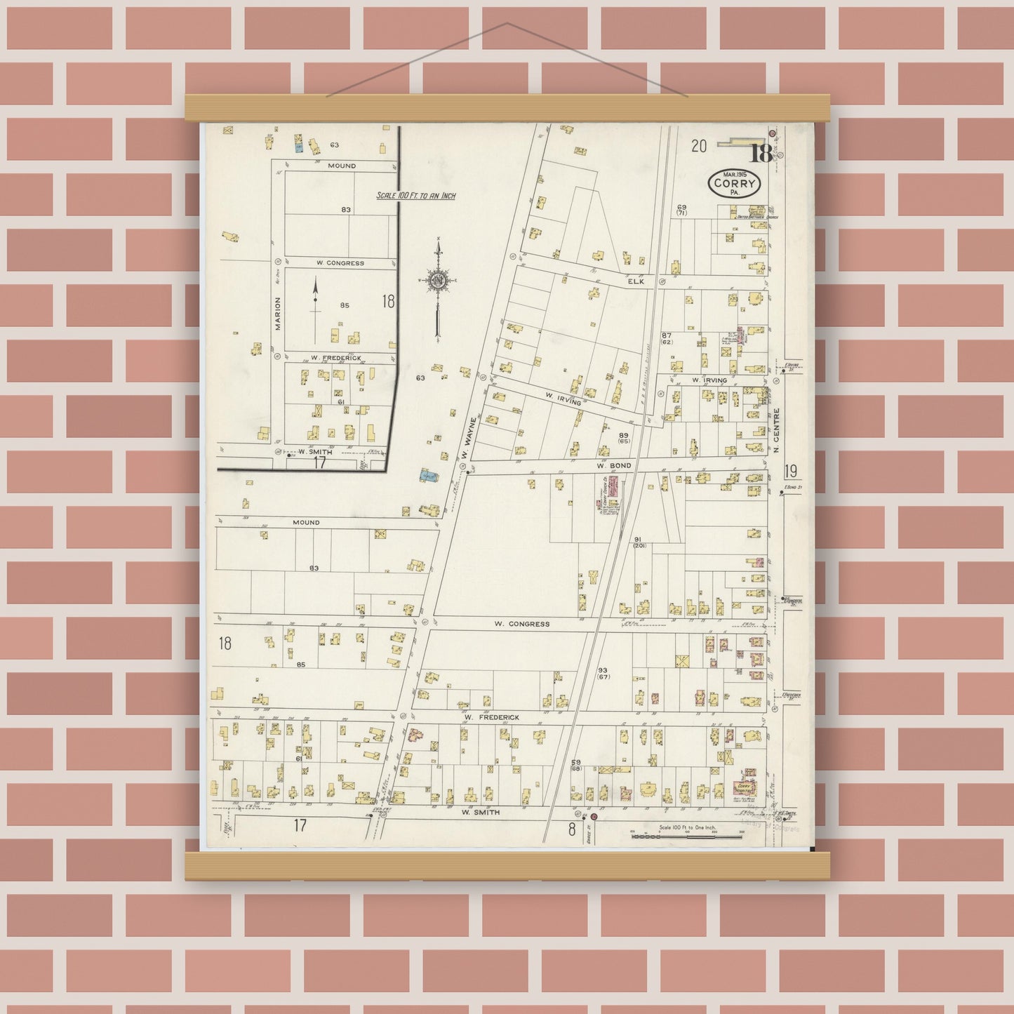 Old map wall art mockup — magnetic wood frame on brick wall — Sanborn Fire Insurance Map from Corry, Erie County, Pennsylvania (1915), Sheet #0018