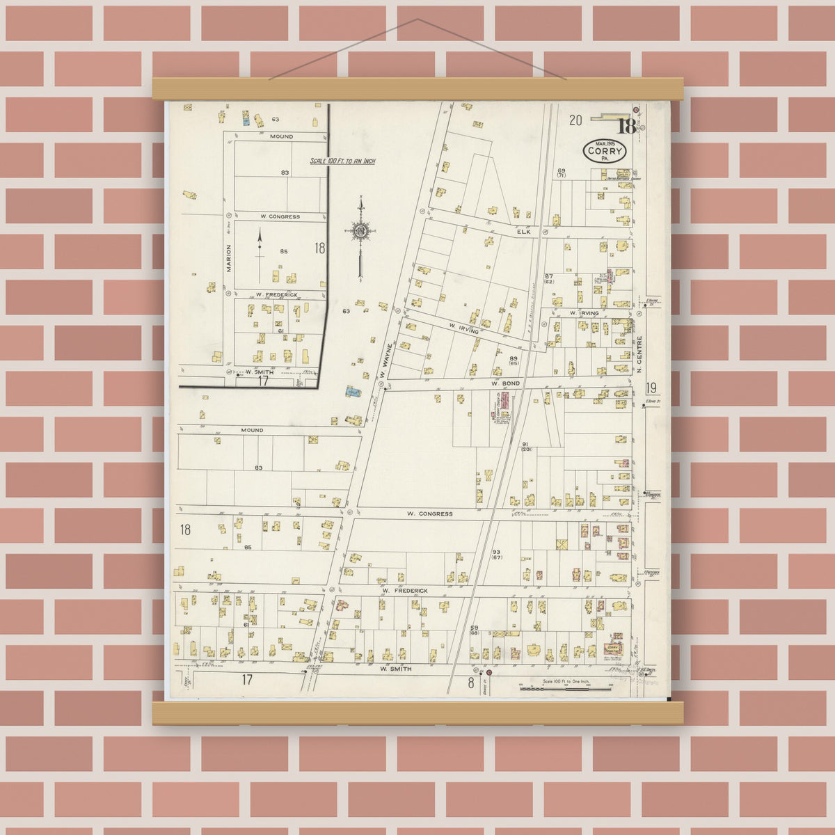 Old map wall art mockup — magnetic wood frame on brick wall — Sanborn Fire Insurance Map from Corry, Erie County, Pennsylvania (1915), Sheet #0018