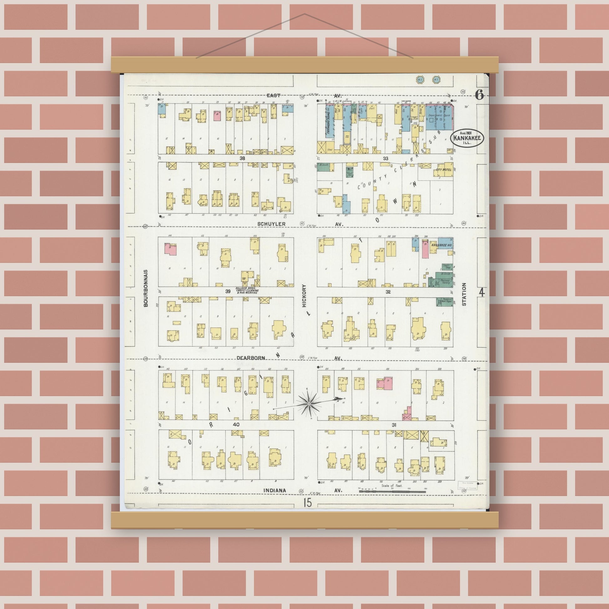 Old map wall art mockup — magnetic wood frame on brick wall — Sanborn Fire Insurance Map from Kankakee, Kankakee County, Illinois (1901), Sheet #0006
