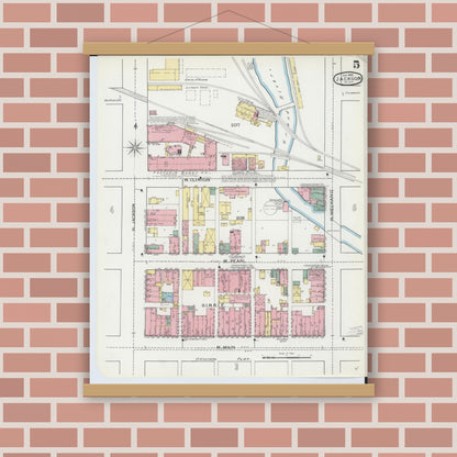 Old map wall art mockup — magnetic wood frame on brick wall — Sanborn Fire Insurance Map from Jackson, Jackson County, Michigan (1893), Sheet #0005