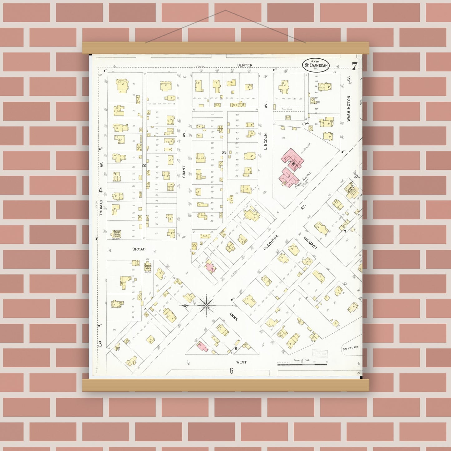 Old map wall art mockup — magnetic wood frame on brick wall — Sanborn Fire Insurance Map from Shenandoah, Page County, Iowa (1901), Sheet #0007