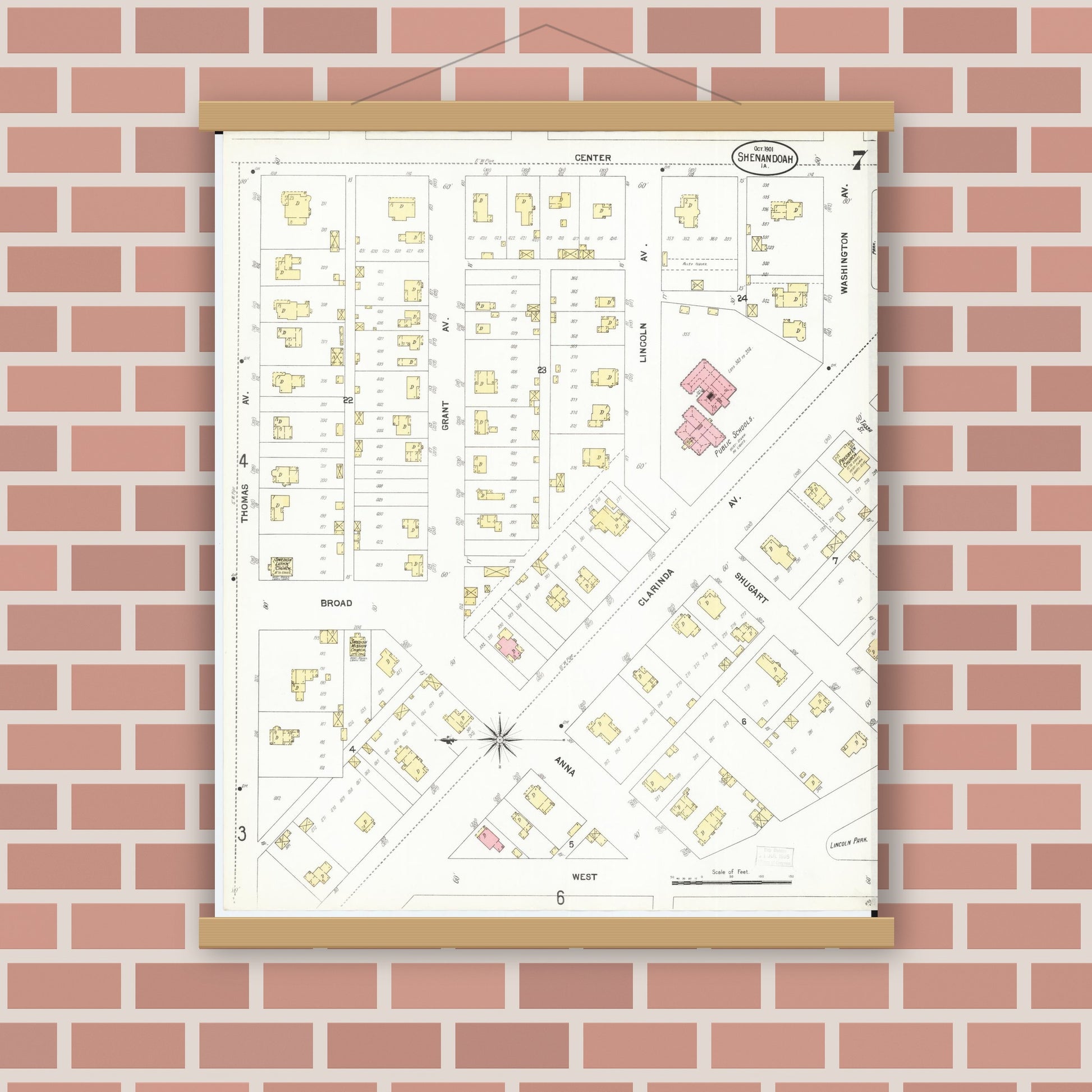 Old map wall art mockup — magnetic wood frame on brick wall — Sanborn Fire Insurance Map from Shenandoah, Page County, Iowa (1901), Sheet #0007