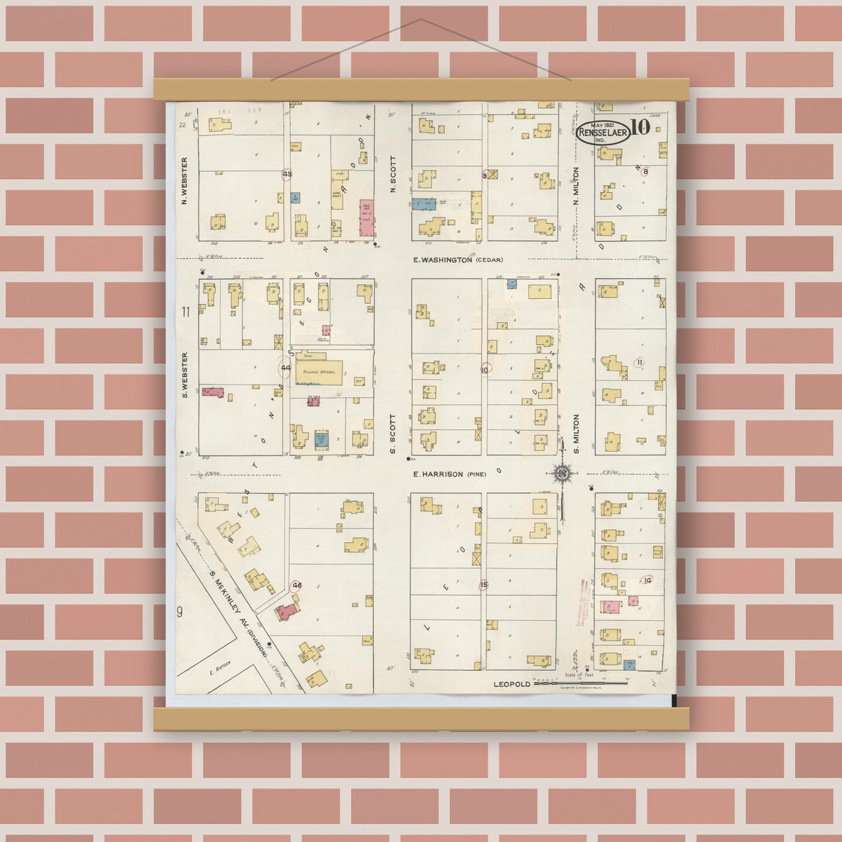 Old map wall art mockup — magnetic wood frame on brick wall — Sanborn Fire Insurance Map from Rensselaer, Jasper County, Indiana (1942), Sheet #0010