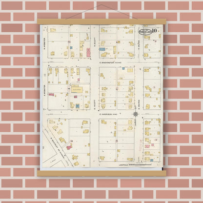 Old map wall art mockup — magnetic wood frame on brick wall — Sanborn Fire Insurance Map from Rensselaer, Jasper County, Indiana (1942), Sheet #0010