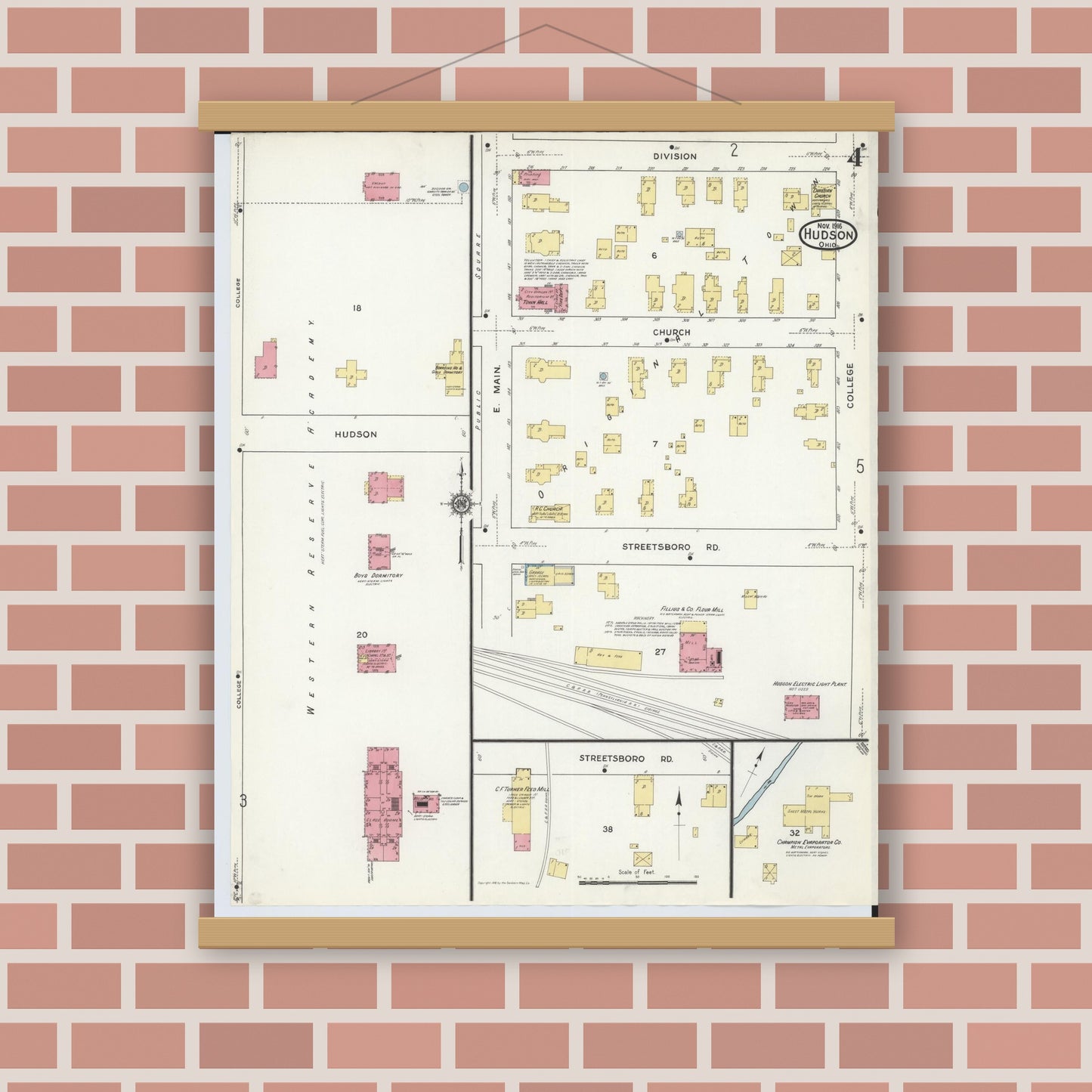 Old map wall art mockup — magnetic wood frame on brick wall — Sanborn Fire Insurance Map from Hudson, Summit County, Ohio (1916), Sheet #0004