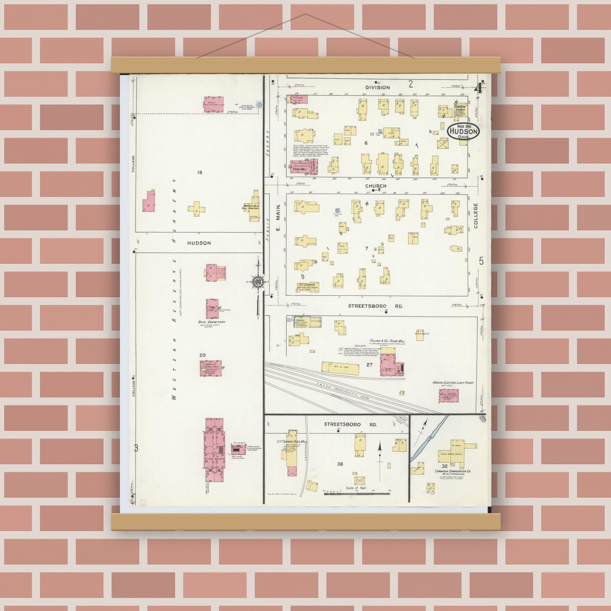 Old map wall art mockup — magnetic wood frame on brick wall — Sanborn Fire Insurance Map from Hudson, Summit County, Ohio (1916), Sheet #0004