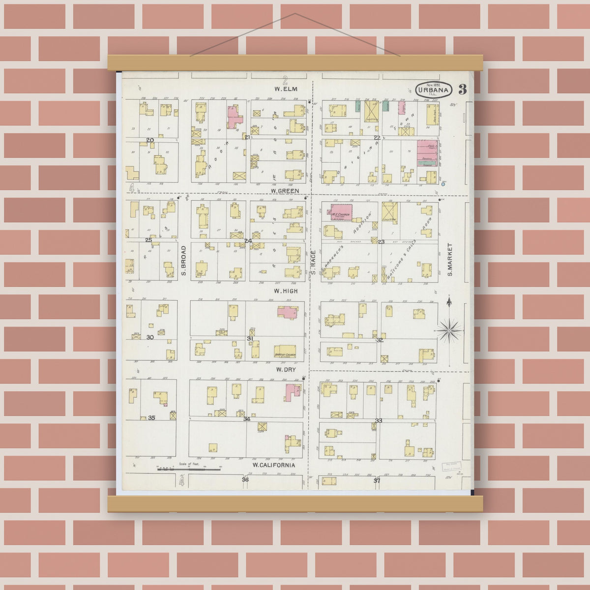 Old map wall art mockup — magnetic wood frame on brick wall — Sanborn Fire Insurance Map from Urbana, Champaign County, Illinois (1892), Sheet #0003