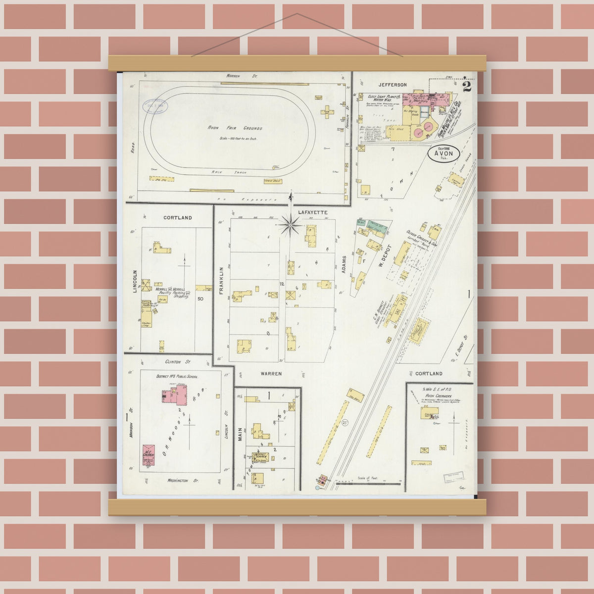 Old map wall art mockup — magnetic wood frame on brick wall — Sanborn Fire Insurance Map from Avon, Fulton County, Illinois (1898), Sheet #0002