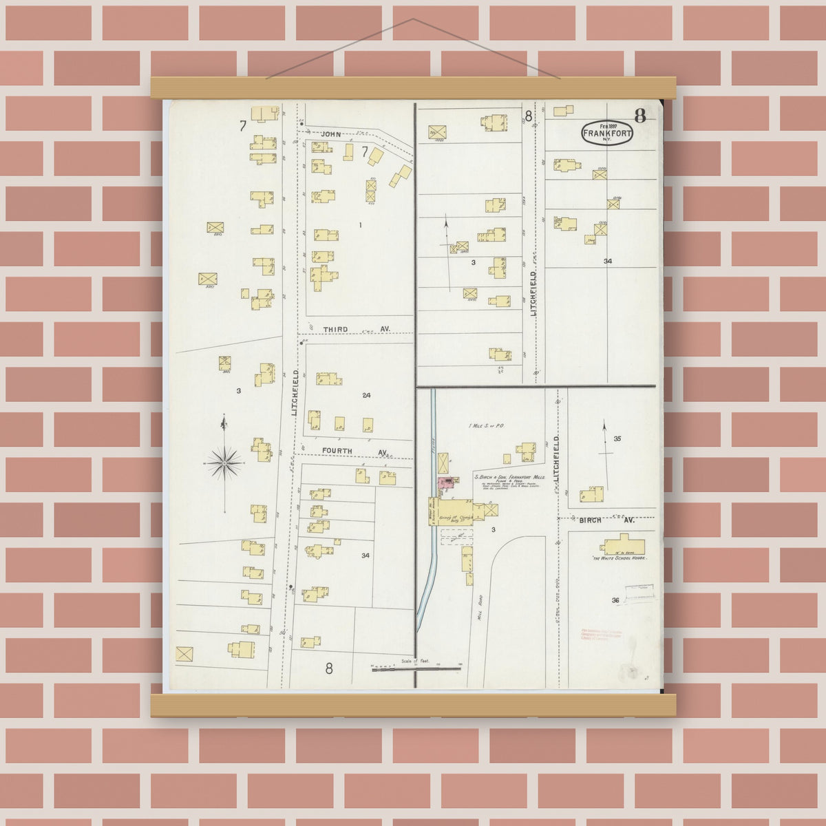 Old map wall art mockup — magnetic wood frame on brick wall — Sanborn Fire Insurance Map from Frankfort, Herkimer County, New York (1897), Sheet #0008
