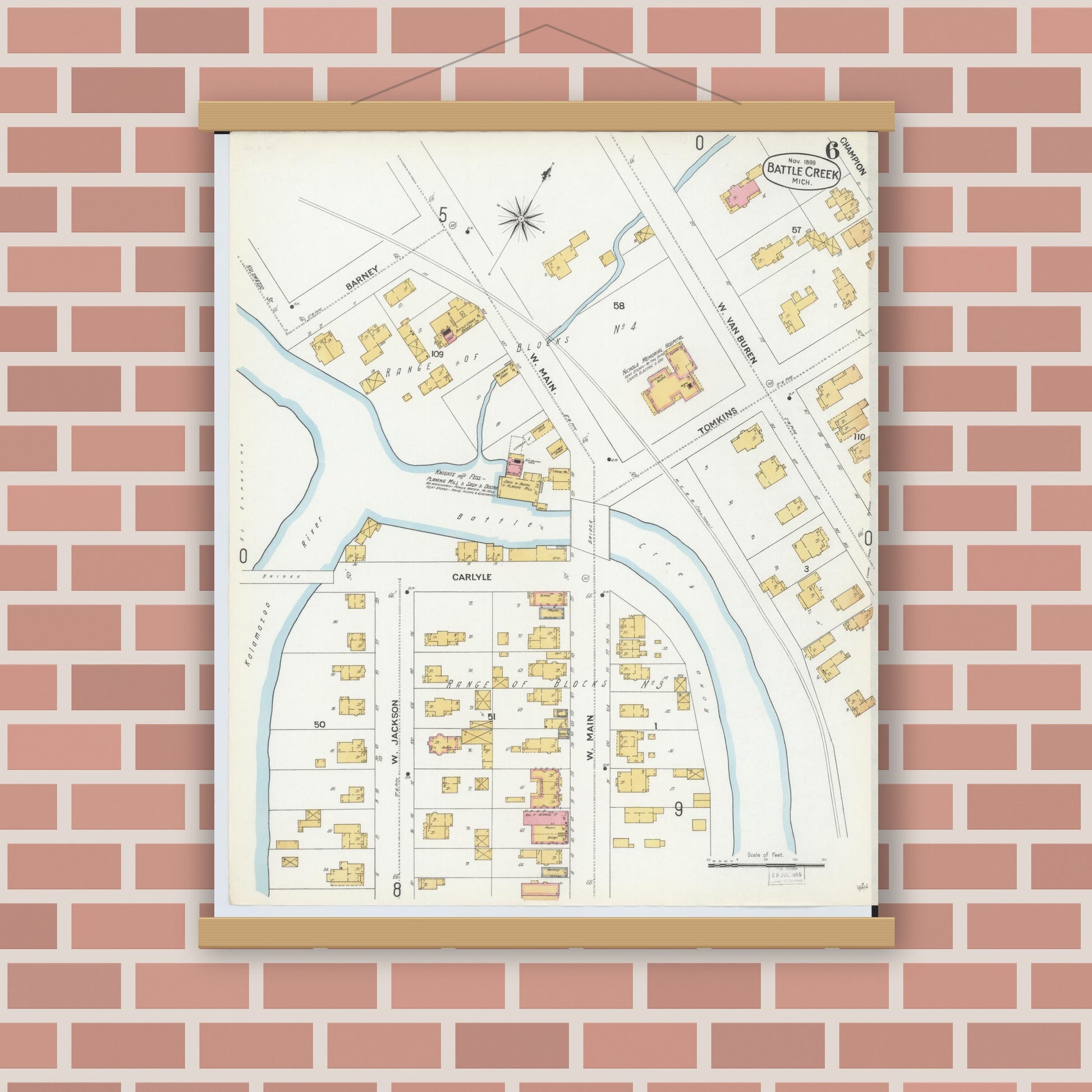 Old map wall art mockup — magnetic wood frame on brick wall — Sanborn Fire Insurance Map from Battle Creek, Calhoun County, Michigan (1899), Sheet #0006