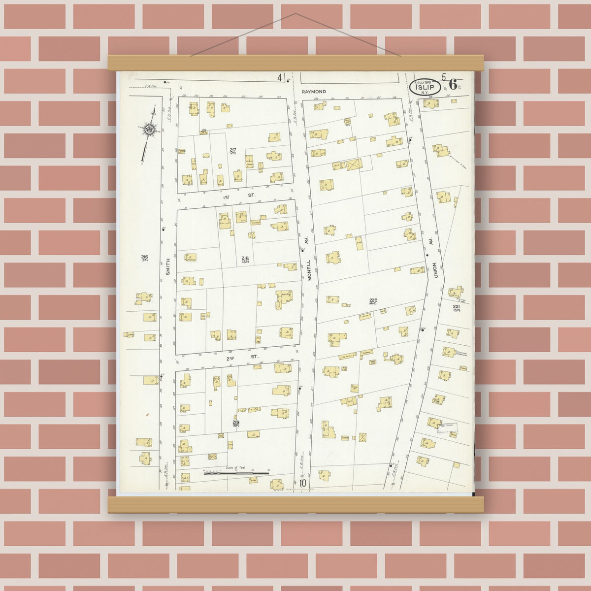 Old map wall art mockup — magnetic wood frame on brick wall — Sanborn Fire Insurance Map from Islip, Suffolk County, New York (1916), Sheet #0006