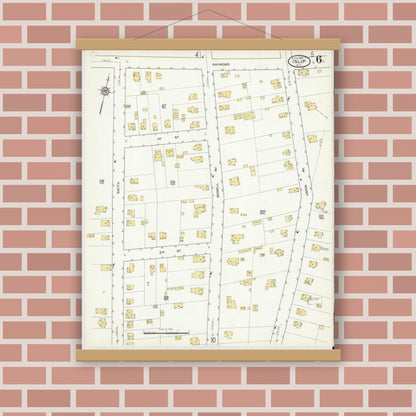 Old map wall art mockup — magnetic wood frame on brick wall — Sanborn Fire Insurance Map from Islip, Suffolk County, New York (1916), Sheet #0006