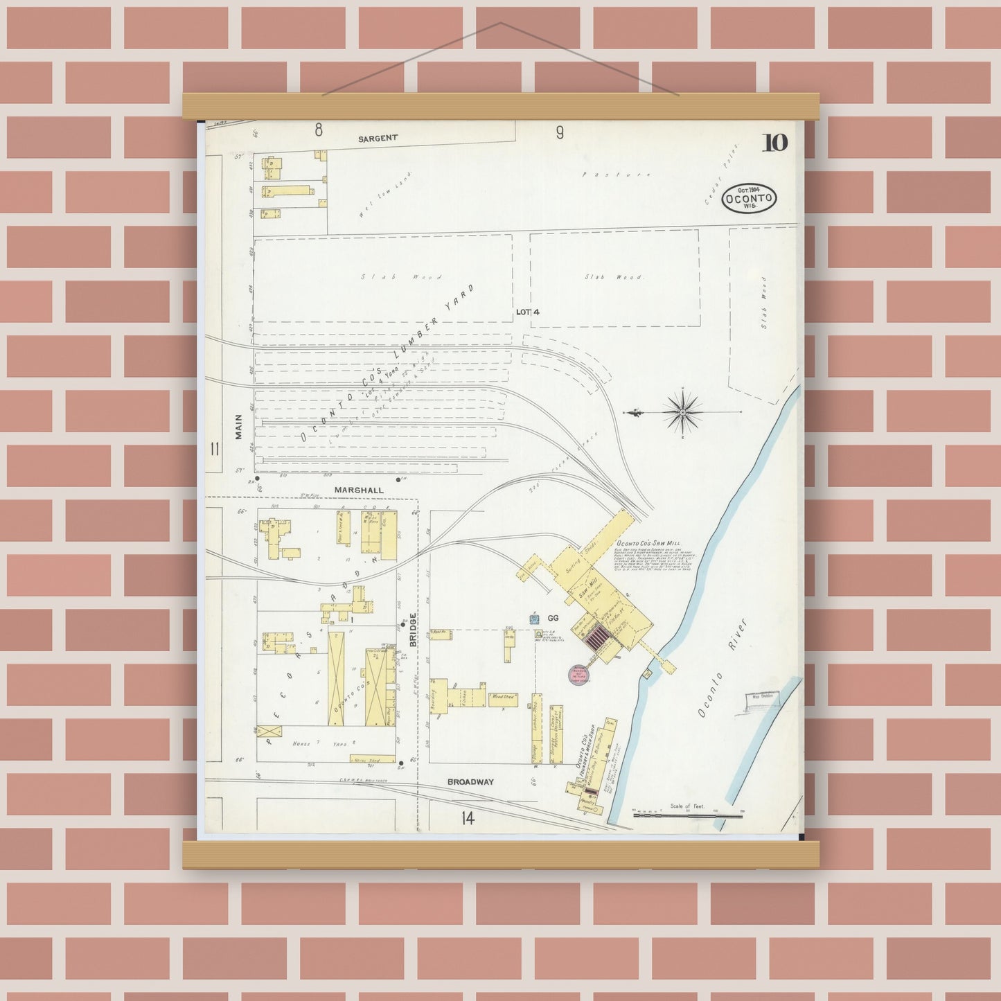 Old map wall art mockup — magnetic wood frame on brick wall — Sanborn Fire Insurance Map from Oconto, Oconto County, Wisconsin (1904), Sheet #0010
