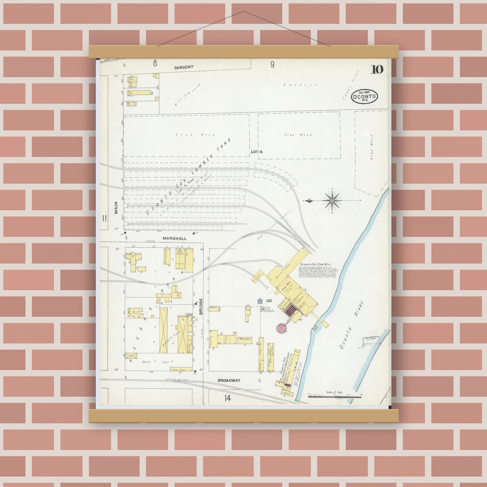 Old map wall art mockup — magnetic wood frame on brick wall — Sanborn Fire Insurance Map from Oconto, Oconto County, Wisconsin (1904), Sheet #0010