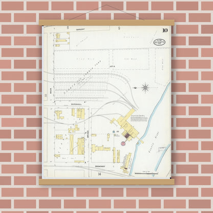Old map wall art mockup — magnetic wood frame on brick wall — Sanborn Fire Insurance Map from Oconto, Oconto County, Wisconsin (1904), Sheet #0010