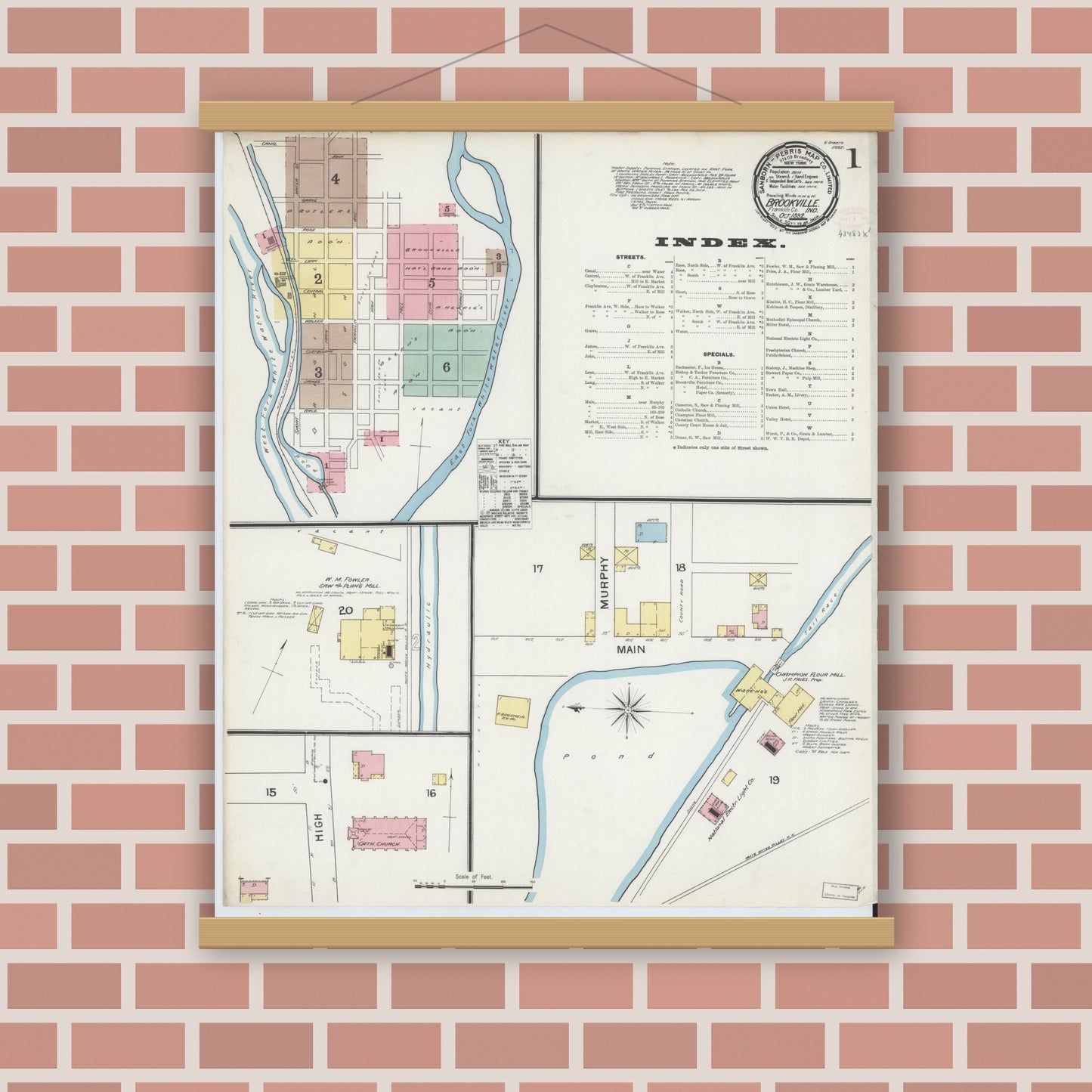 Old map wall art mockup — magnetic wood frame on brick wall — Sanborn Fire Insurance Map from Brookville, Franklin County, Indiana (1892) - Complete Map Set