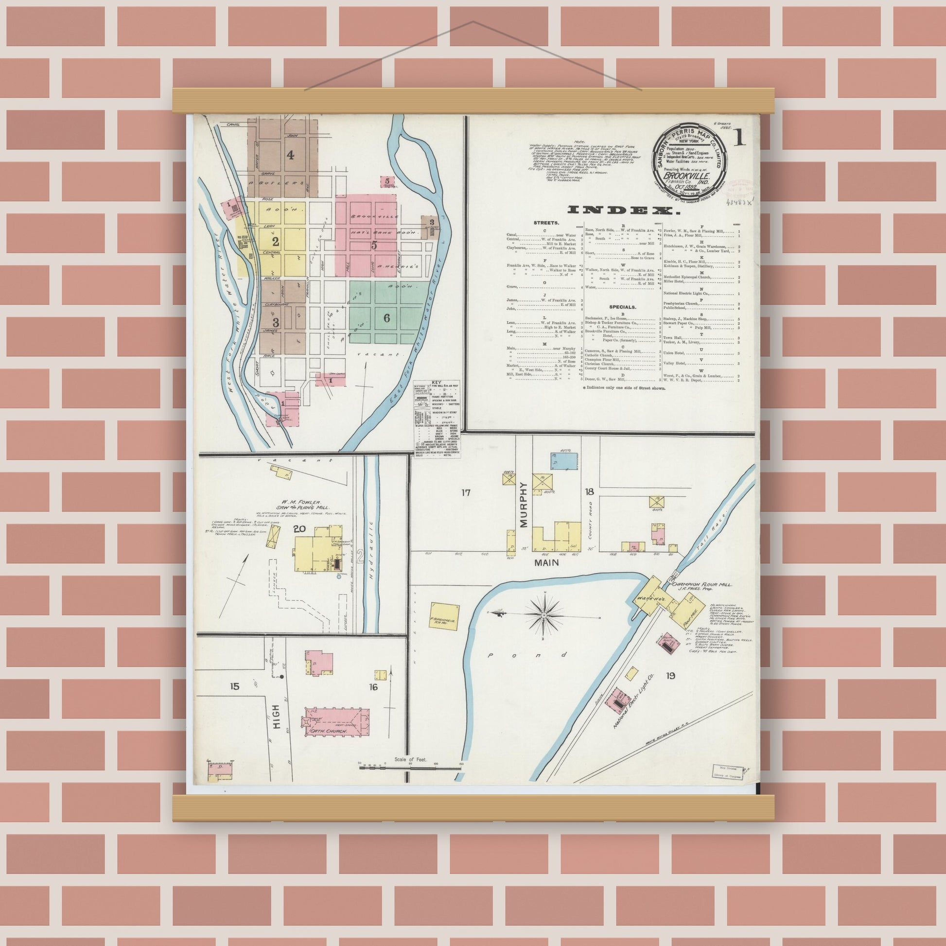 Old map wall art mockup — magnetic wood frame on brick wall — Sanborn Fire Insurance Map from Brookville, Franklin County, Indiana (1892) - Complete Map Set