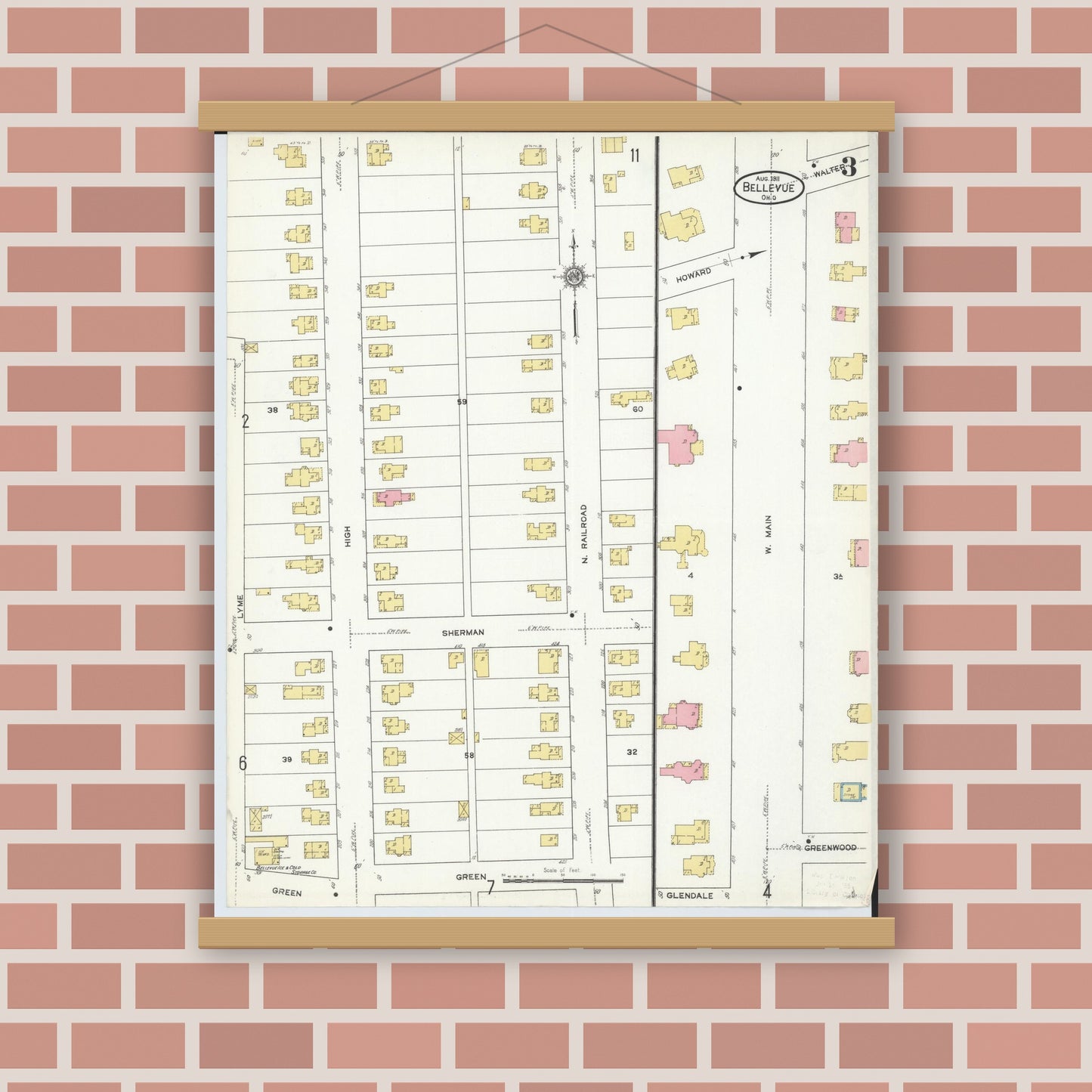 Old map wall art mockup — magnetic wood frame on brick wall — Sanborn Fire Insurance Map from Bellevue, Huron And Sandusky County, Ohio (1911), Sheet #0003