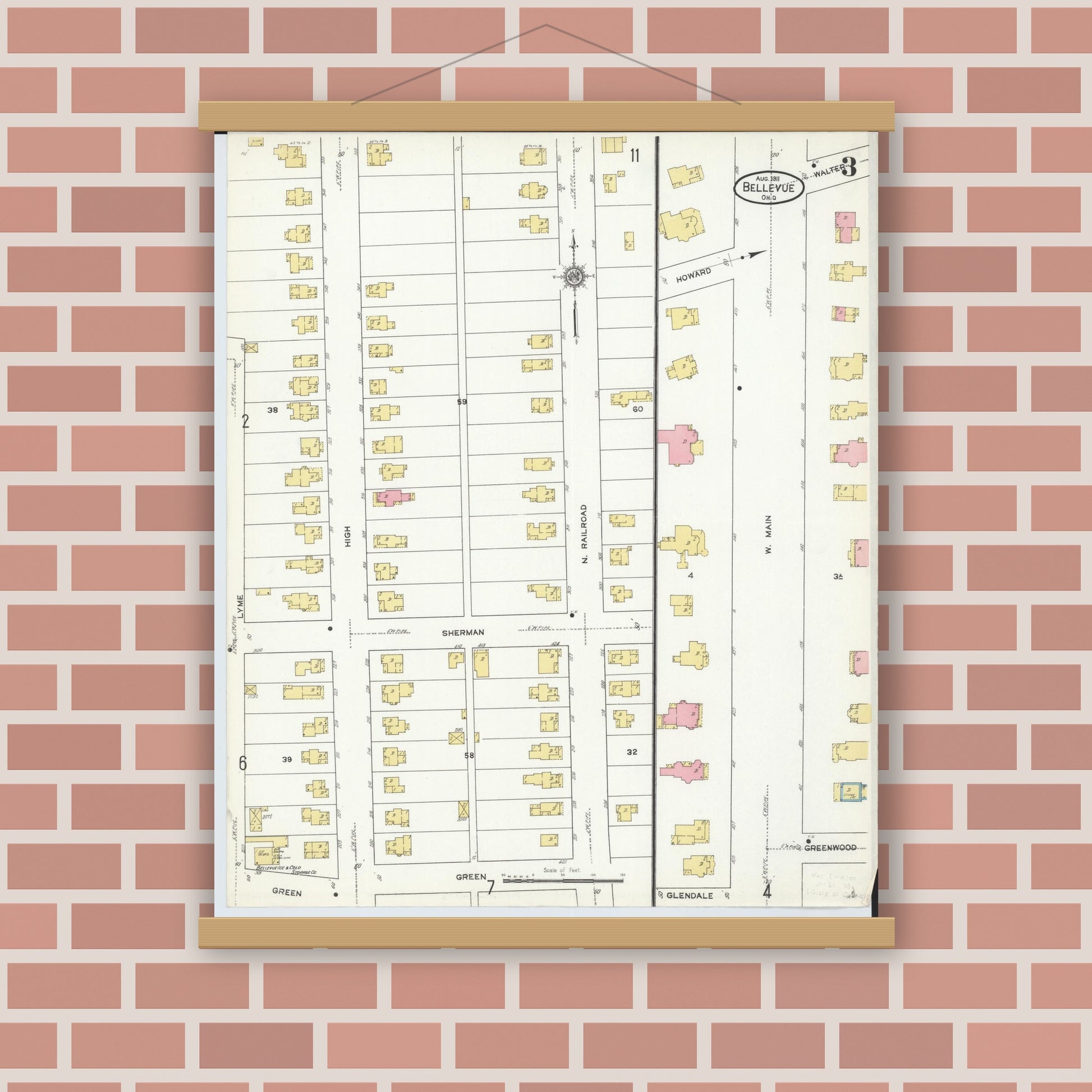 Old map wall art mockup — magnetic wood frame on brick wall — Sanborn Fire Insurance Map from Bellevue, Huron And Sandusky County, Ohio (1911), Sheet #0003