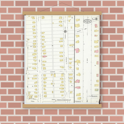 Old map wall art mockup — magnetic wood frame on brick wall — Sanborn Fire Insurance Map from Bellevue, Huron And Sandusky County, Ohio (1911), Sheet #0003