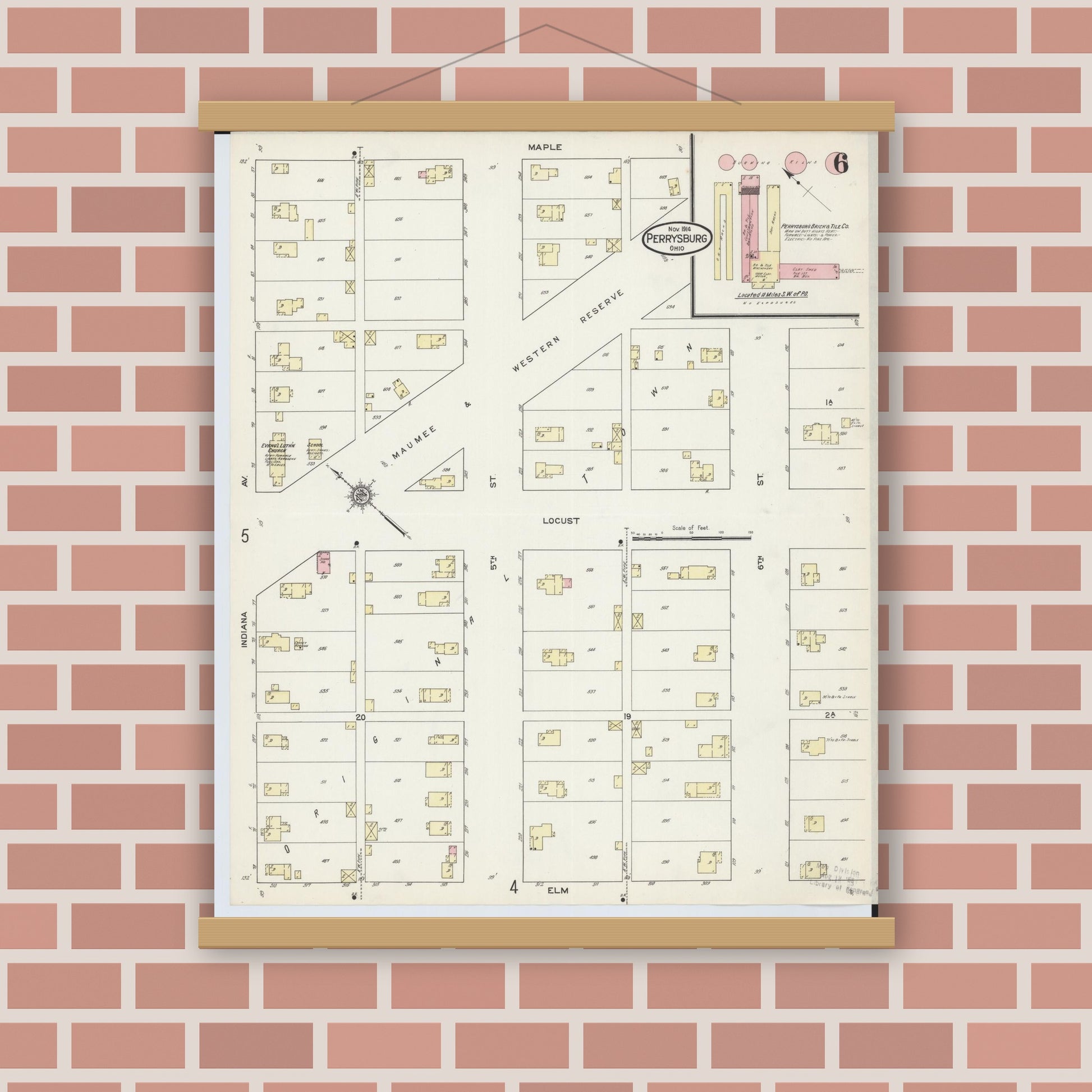 Old map wall art mockup — magnetic wood frame on brick wall — Sanborn Fire Insurance Map from Perrysburg, Wood County, Ohio (1914), Sheet #0006