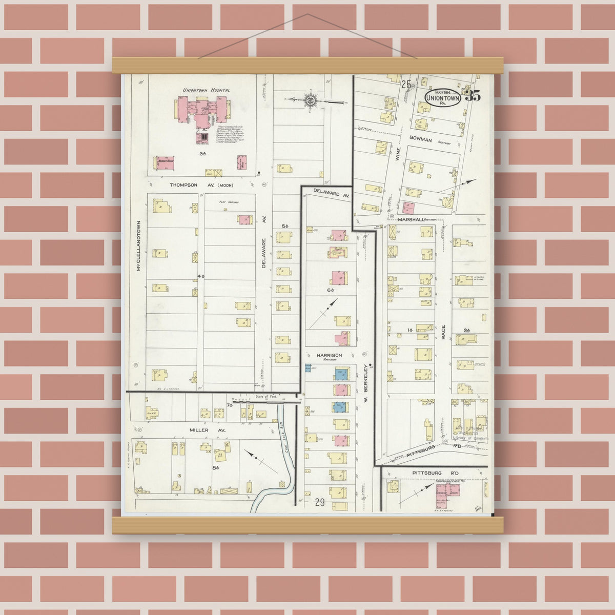 Old map wall art mockup — magnetic wood frame on brick wall — Sanborn Fire Insurance Map from Uniontown, Fayette County, Pennsylvania (1914), Sheet #0035