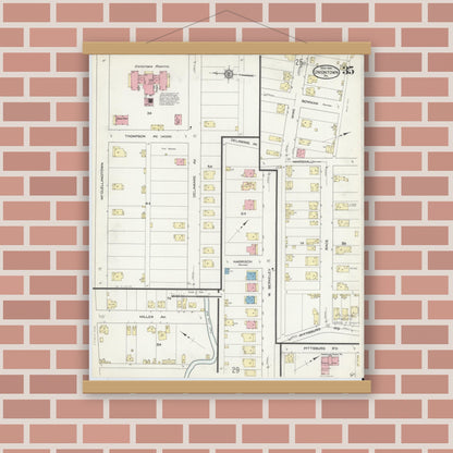 Old map wall art mockup — magnetic wood frame on brick wall — Sanborn Fire Insurance Map from Uniontown, Fayette County, Pennsylvania (1914), Sheet #0035