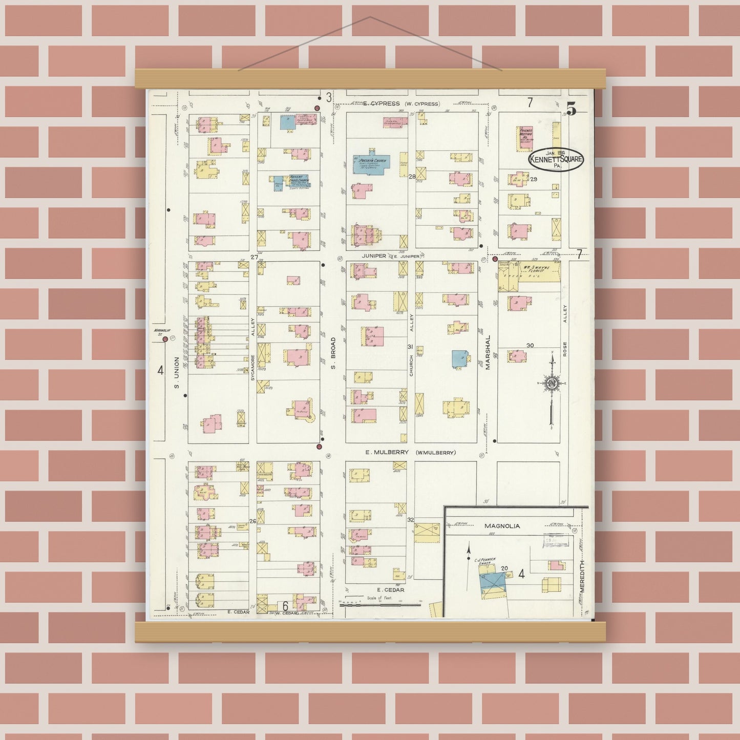 Old map wall art mockup — magnetic wood frame on brick wall — Sanborn Fire Insurance Map from Kennett Square, Chester County, Pennsylvania (1914), Sheet #0005
