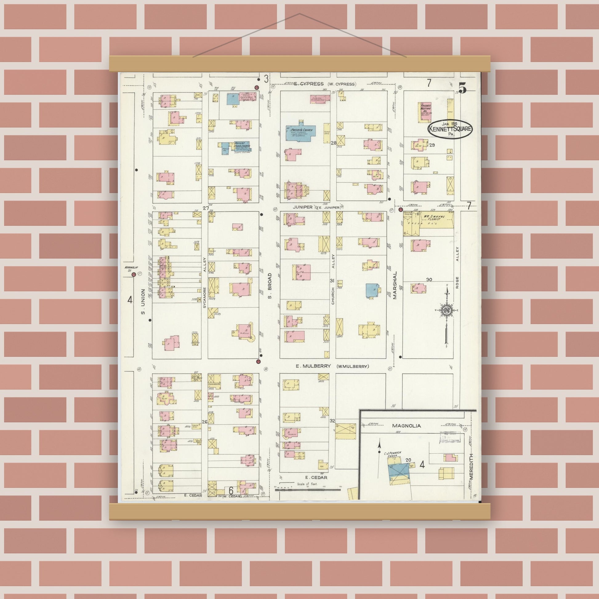 Old map wall art mockup — magnetic wood frame on brick wall — Sanborn Fire Insurance Map from Kennett Square, Chester County, Pennsylvania (1914), Sheet #0005