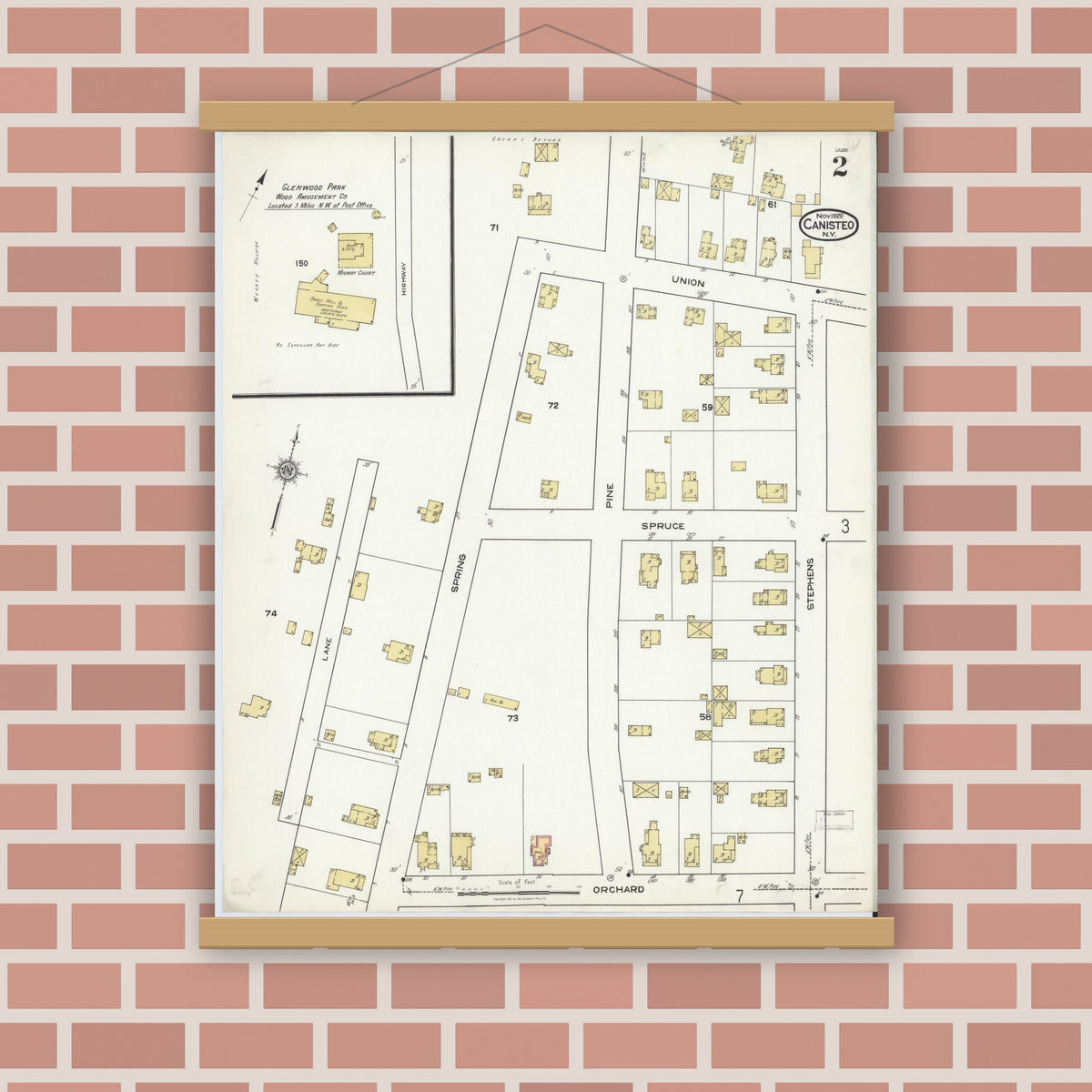 Old map wall art mockup — magnetic wood frame on brick wall — Sanborn Fire Insurance Map from Canisteo, Steuben County, New York (1920) - Complete Map Set