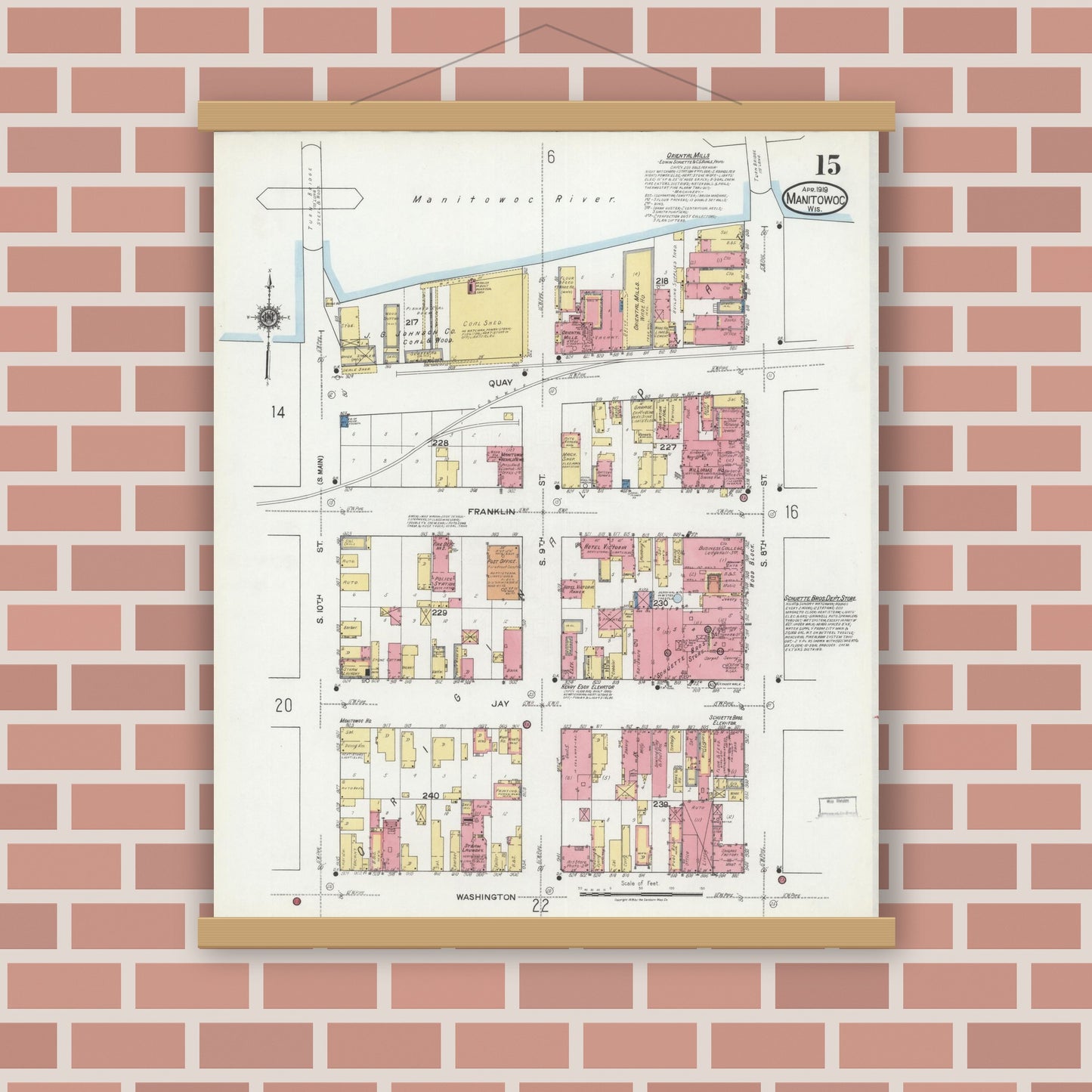 Old map wall art mockup — magnetic wood frame on brick wall — Sanborn Fire Insurance Map from Manitowoc, Manitowoc County, Wisconsin (1919), Sheet #0015