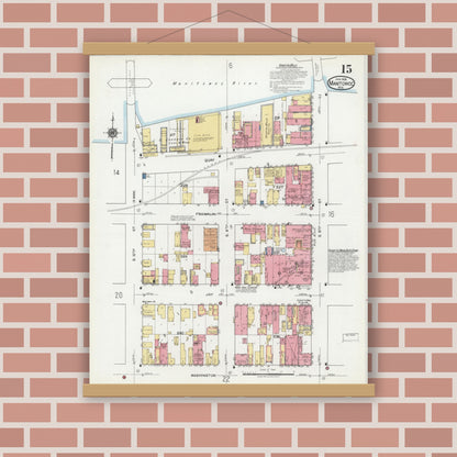 Old map wall art mockup — magnetic wood frame on brick wall — Sanborn Fire Insurance Map from Manitowoc, Manitowoc County, Wisconsin (1919), Sheet #0015