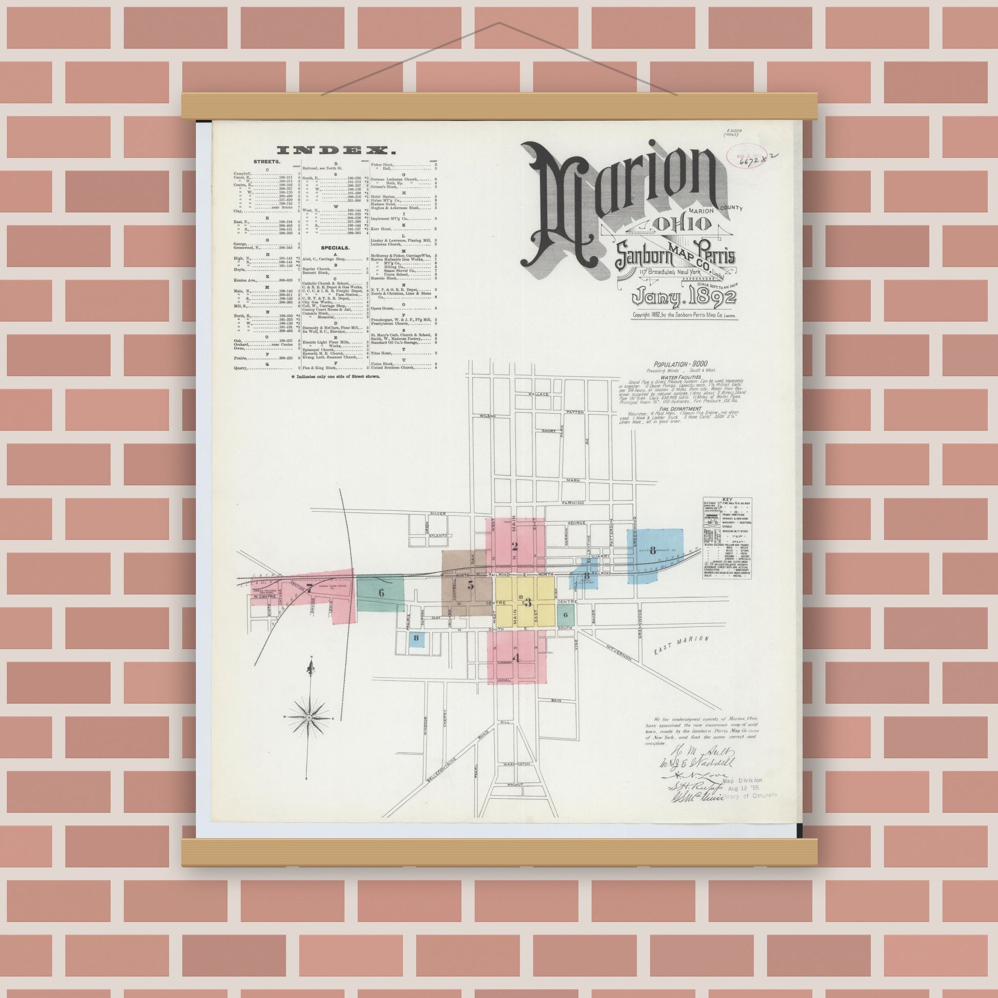 Old map wall art mockup — magnetic wood frame on brick wall — Sanborn Fire Insurance Map from Marion, Marion County, Ohio (1892), Sheet #0001