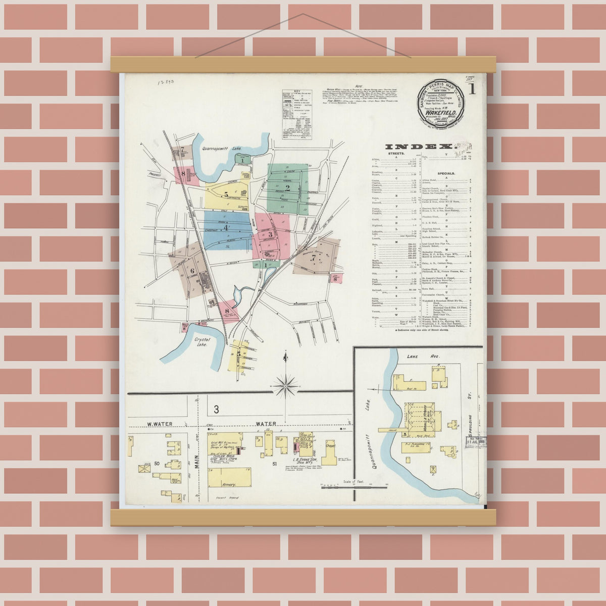 Old map wall art mockup — magnetic wood frame on brick wall — Sanborn Fire Insurance Map from Wakefield, Middlesex County, Massachusetts (1897) - Complete Map Set