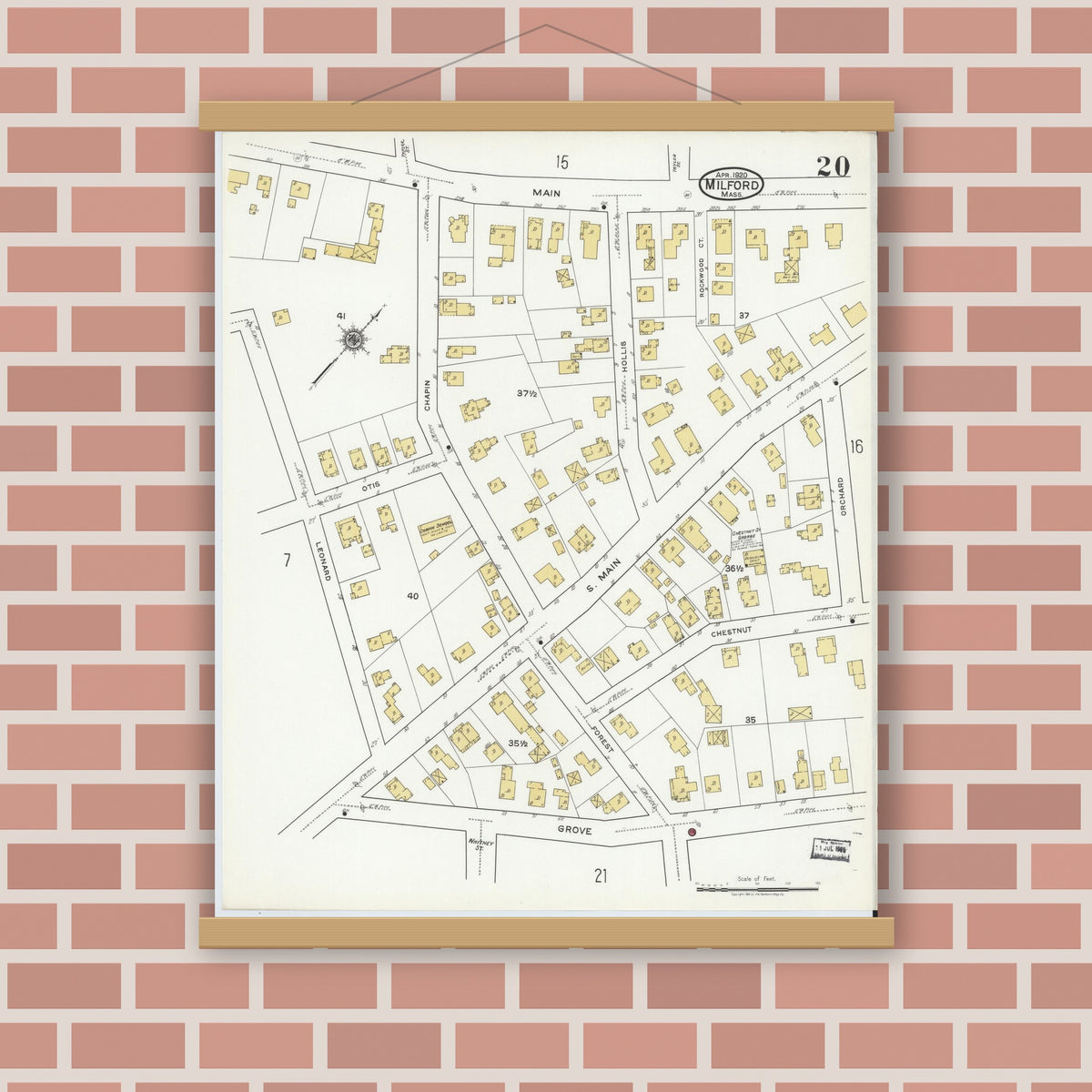 Old map wall art mockup — magnetic wood frame on brick wall — Sanborn Fire Insurance Map from Milford, Worcester County, Massachusetts (1920), Sheet #0020
