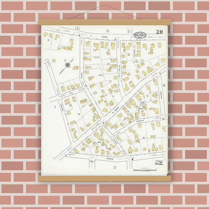 Old map wall art mockup — magnetic wood frame on brick wall — Sanborn Fire Insurance Map from Milford, Worcester County, Massachusetts (1920), Sheet #0020