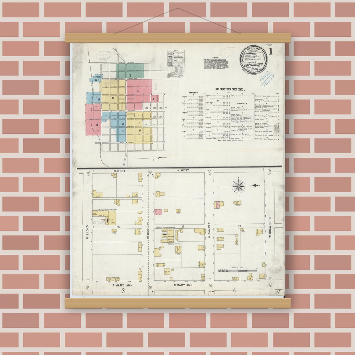 Old map wall art mockup — magnetic wood frame on brick wall — Sanborn Fire Insurance Map from Ebensburg, Cambria County, Pennsylvania (1899) - Complete Map Set