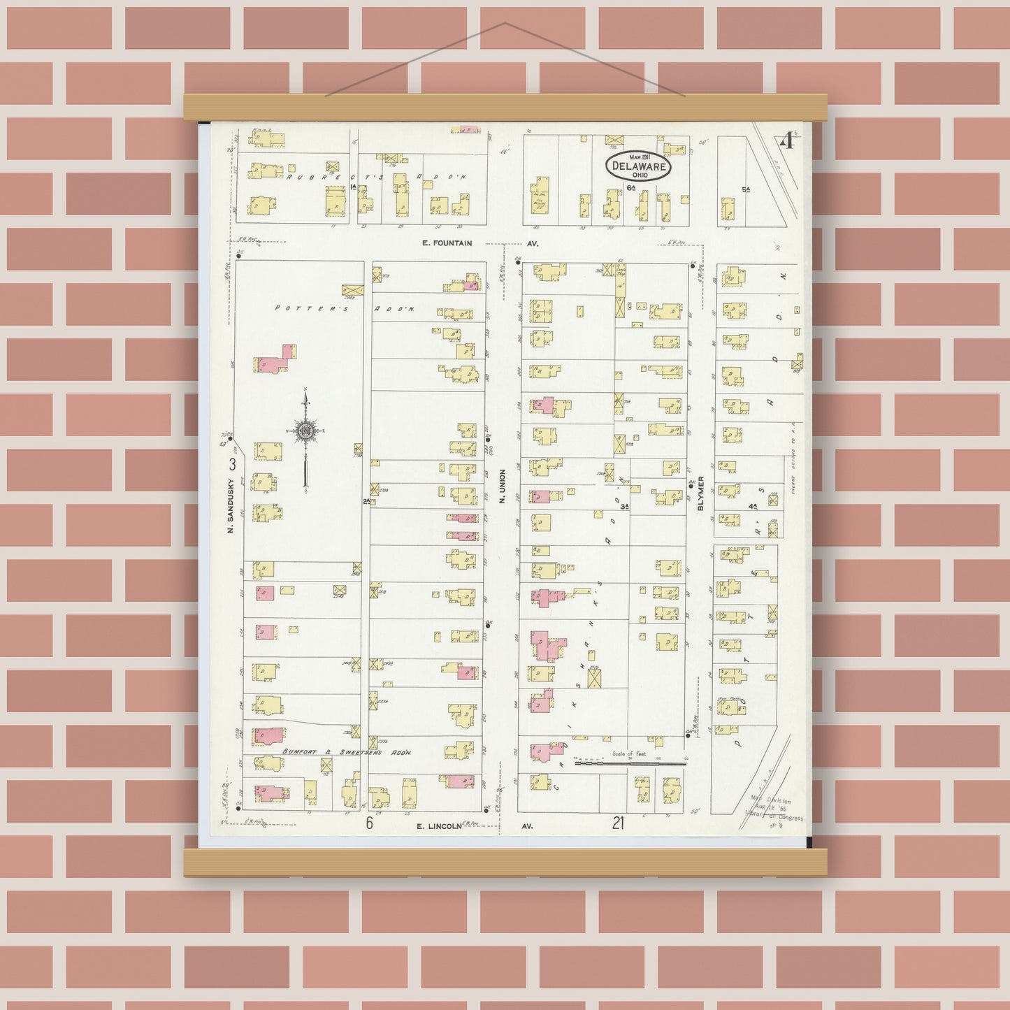 Old map wall art mockup — magnetic wood frame on brick wall — Sanborn Fire Insurance Map from Delaware, Delaware County, Ohio (1911), Sheet #0004