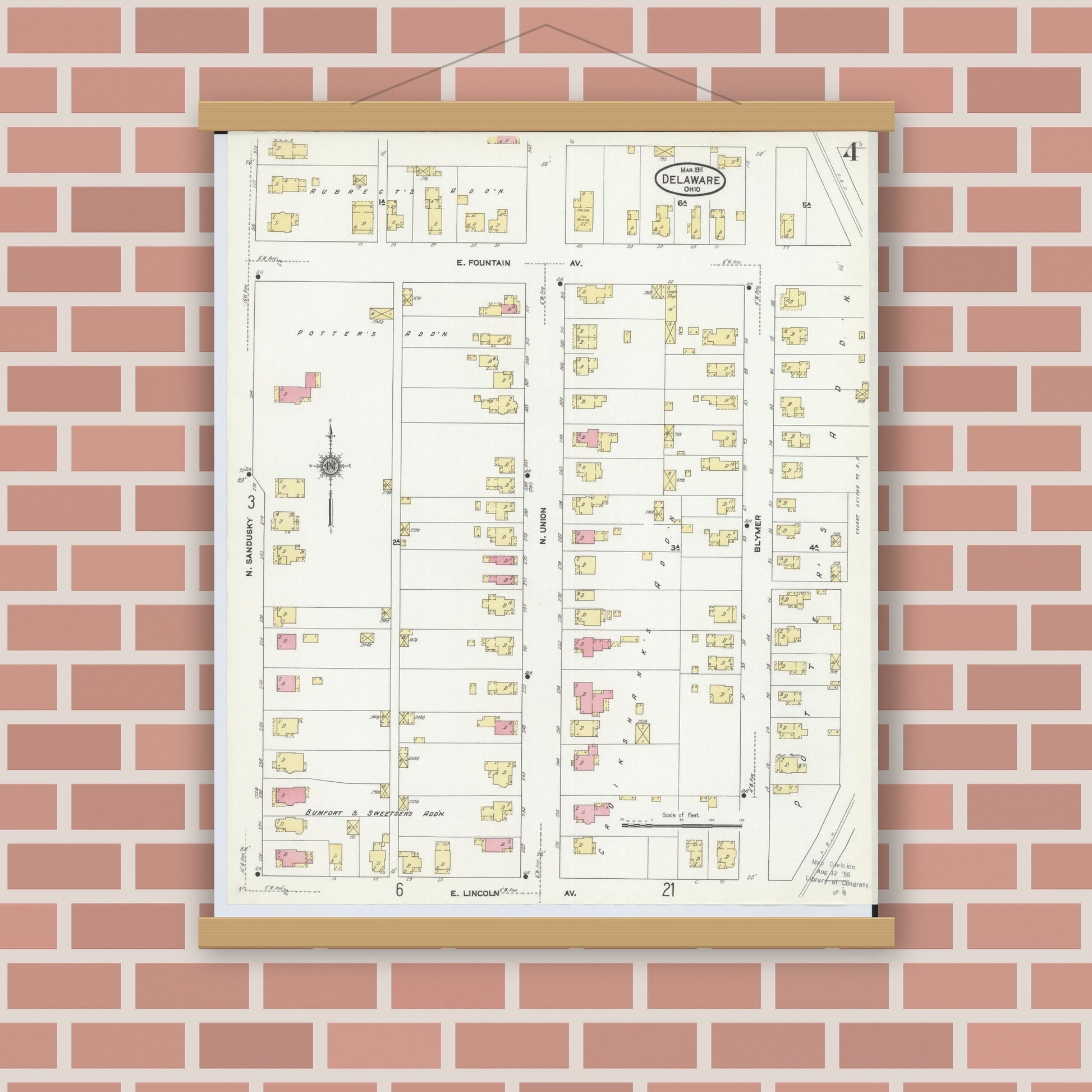 Old map wall art mockup — magnetic wood frame on brick wall — Sanborn Fire Insurance Map from Delaware, Delaware County, Ohio (1911), Sheet #0004