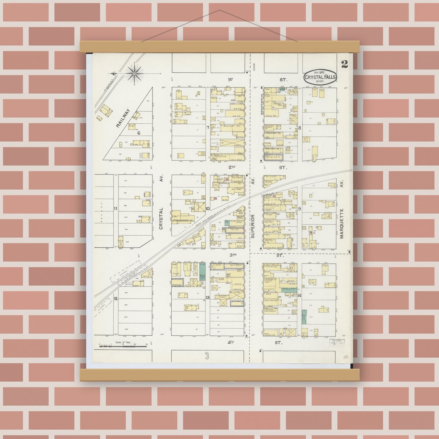 Old map wall art mockup — magnetic wood frame on brick wall — Sanborn Fire Insurance Map from Crystal Falls, Iron County, Michigan (1892), Sheet #0002