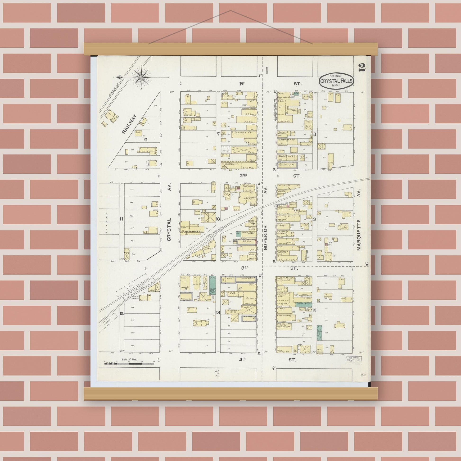 Old map wall art mockup — magnetic wood frame on brick wall — Sanborn Fire Insurance Map from Crystal Falls, Iron County, Michigan (1892), Sheet #0002