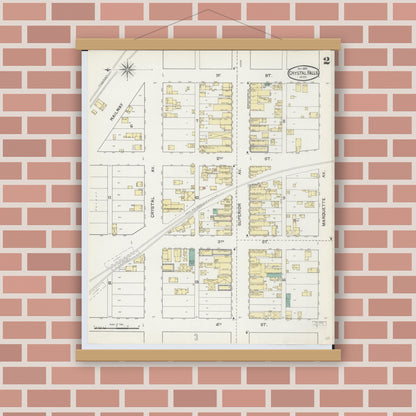 Old map wall art mockup — magnetic wood frame on brick wall — Sanborn Fire Insurance Map from Crystal Falls, Iron County, Michigan (1892), Sheet #0002