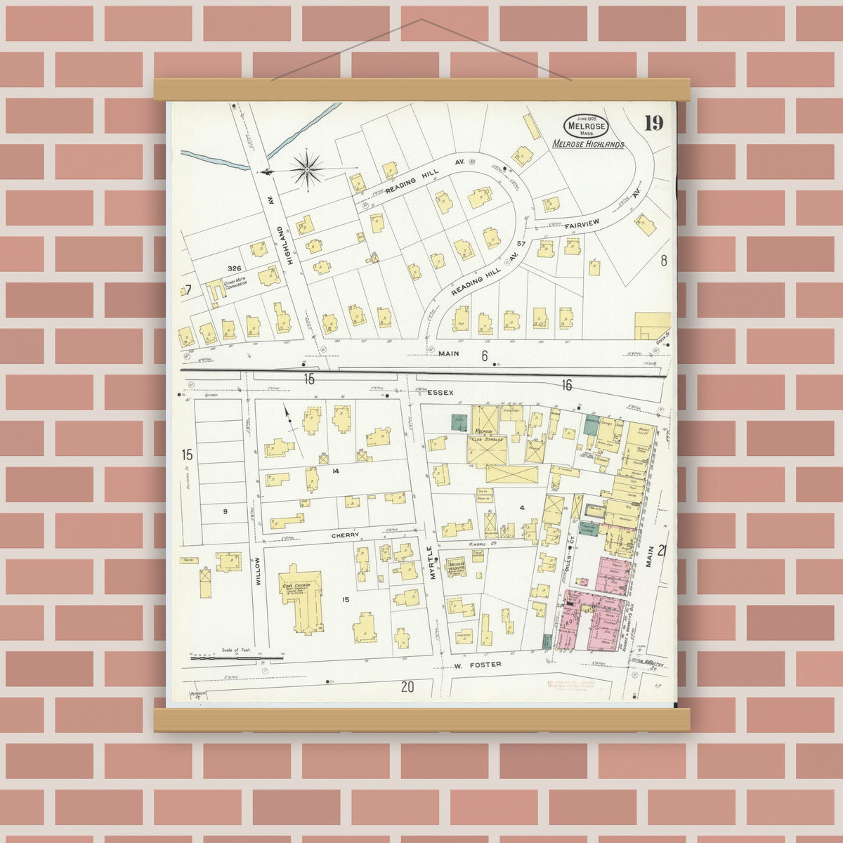 Old map wall art mockup — magnetic wood frame on brick wall — Sanborn Fire Insurance Map from Melrose, Middlesex County, Massachusetts (1909), Sheet #0019