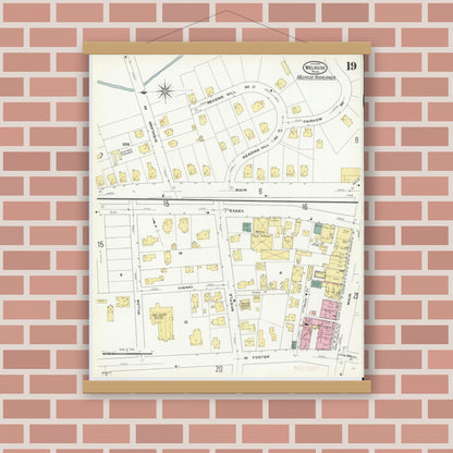 Old map wall art mockup — magnetic wood frame on brick wall — Sanborn Fire Insurance Map from Melrose, Middlesex County, Massachusetts (1909), Sheet #0019
