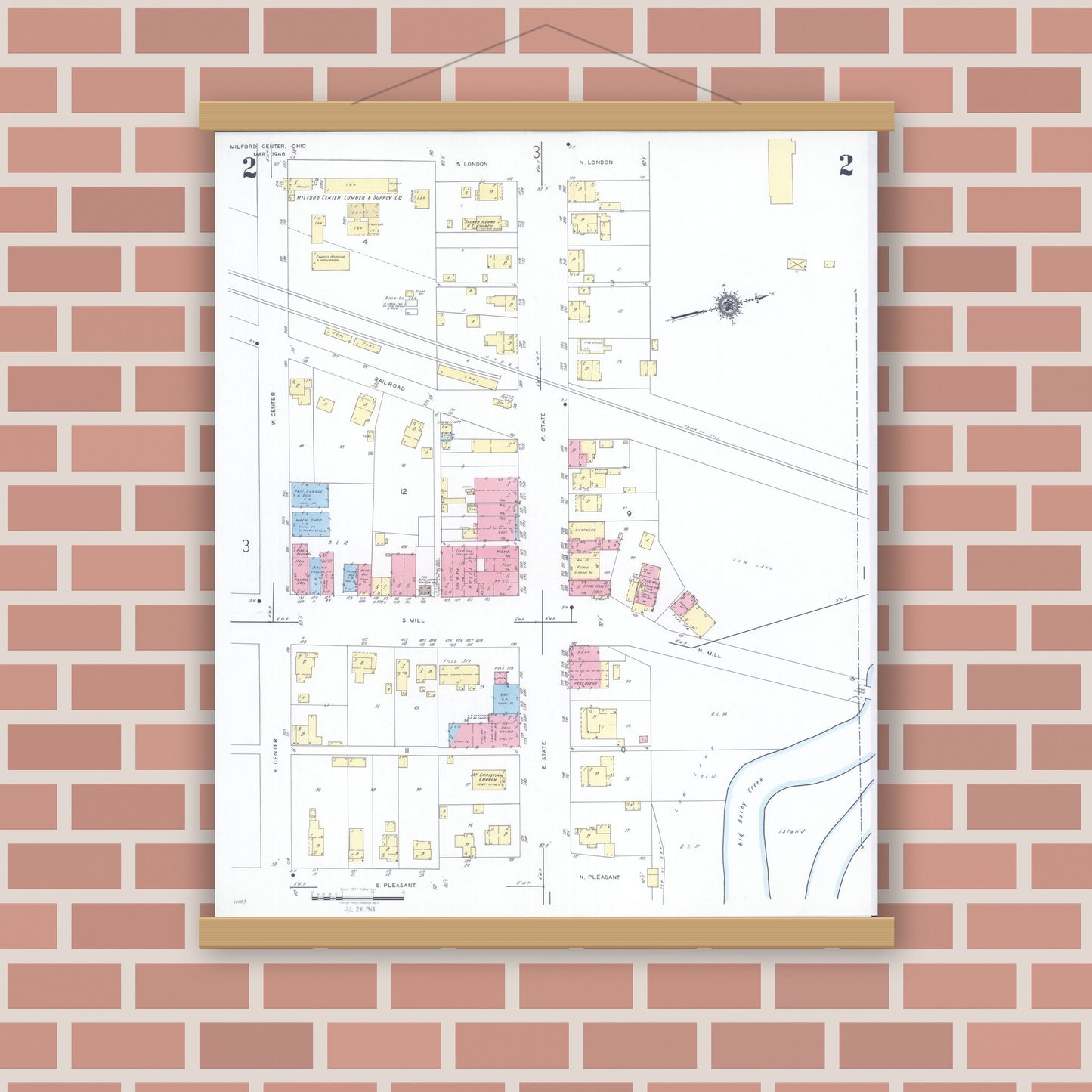 Old map wall art mockup — magnetic wood frame on brick wall — Sanborn Fire Insurance Map from Milford Center, Union County, Ohio (1946), Sheet #0002