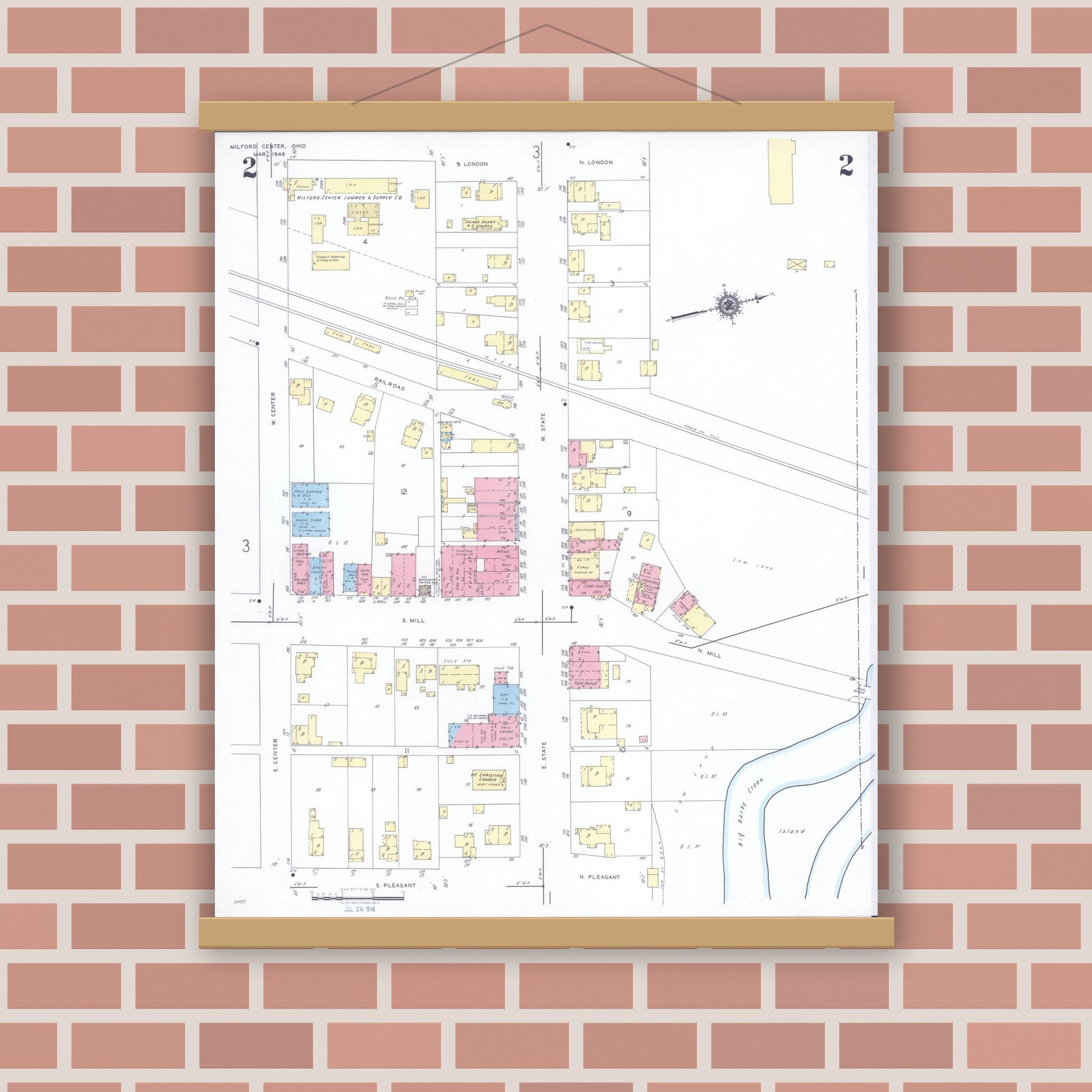 Old map wall art mockup — magnetic wood frame on brick wall — Sanborn Fire Insurance Map from Milford Center, Union County, Ohio (1946), Sheet #0002