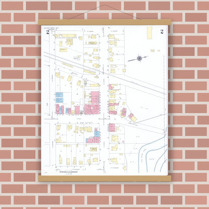 Old map wall art mockup — magnetic wood frame on brick wall — Sanborn Fire Insurance Map from Milford Center, Union County, Ohio (1946), Sheet #0002