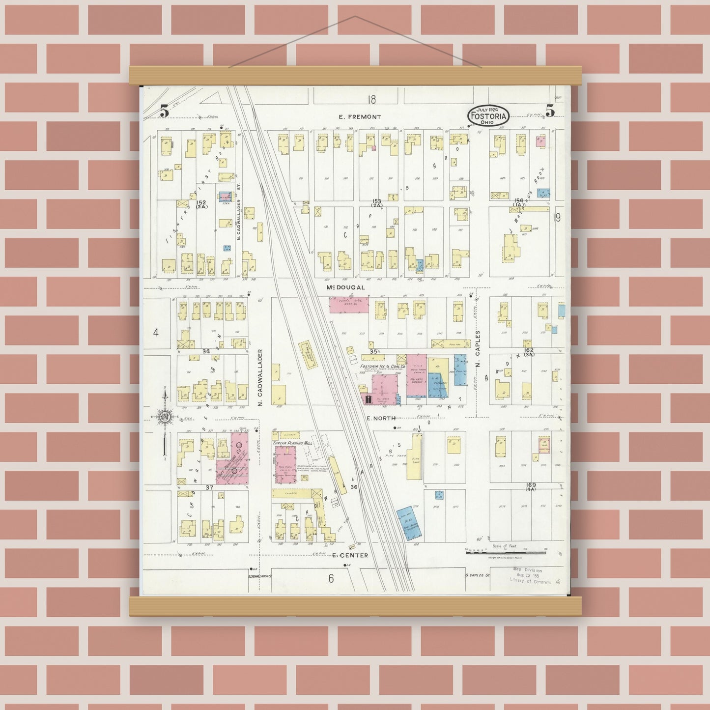 Old map wall art mockup — magnetic wood frame on brick wall — Sanborn Fire Insurance Map from Fostoria, Seneca, Hancock, And Wood Counties, Ohio (1924), Sheet #0005