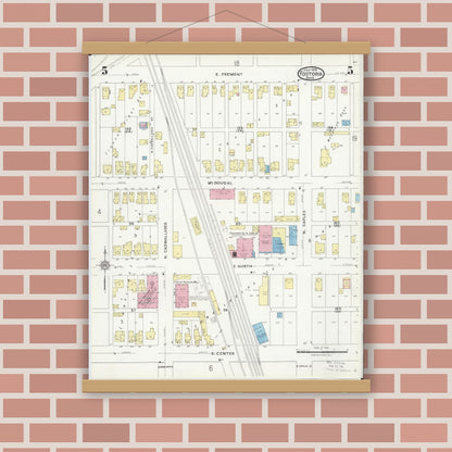 Old map wall art mockup — magnetic wood frame on brick wall — Sanborn Fire Insurance Map from Fostoria, Seneca, Hancock, And Wood Counties, Ohio (1924), Sheet #0005